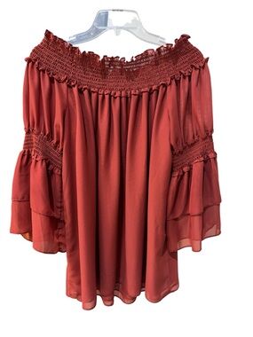 Max Studio Off-Shoulder Smocked Tiered Sleeve Blouse - Rust